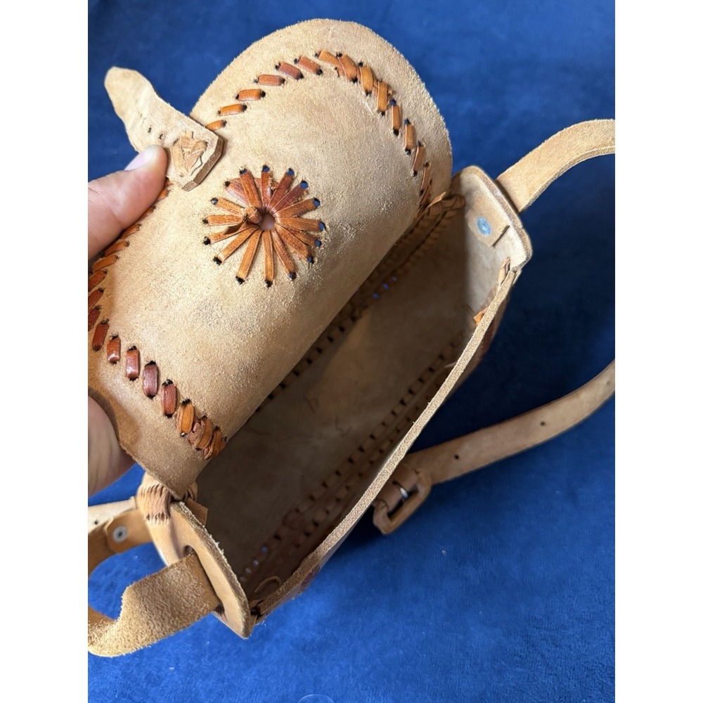 Handmade Artisan Hand Tooled Mexican Leather Saddle Shoulder Bag Brown Floral - Picture 4 of 9